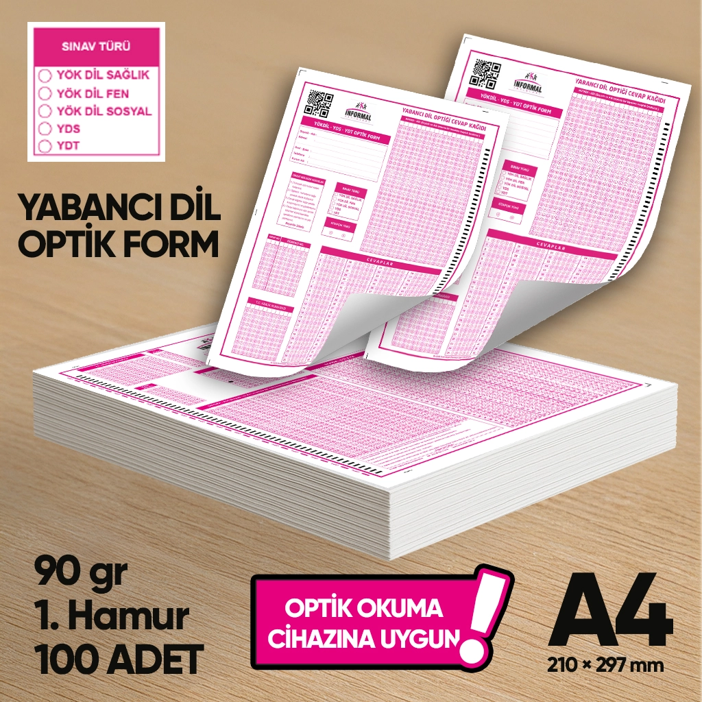 Yabancı Dil (YÖKDİL, YDS ve YDT) Deneme Sınavları İçin 100 Adet (90.GR) Optik Form - Optik Okuma Uyumlu