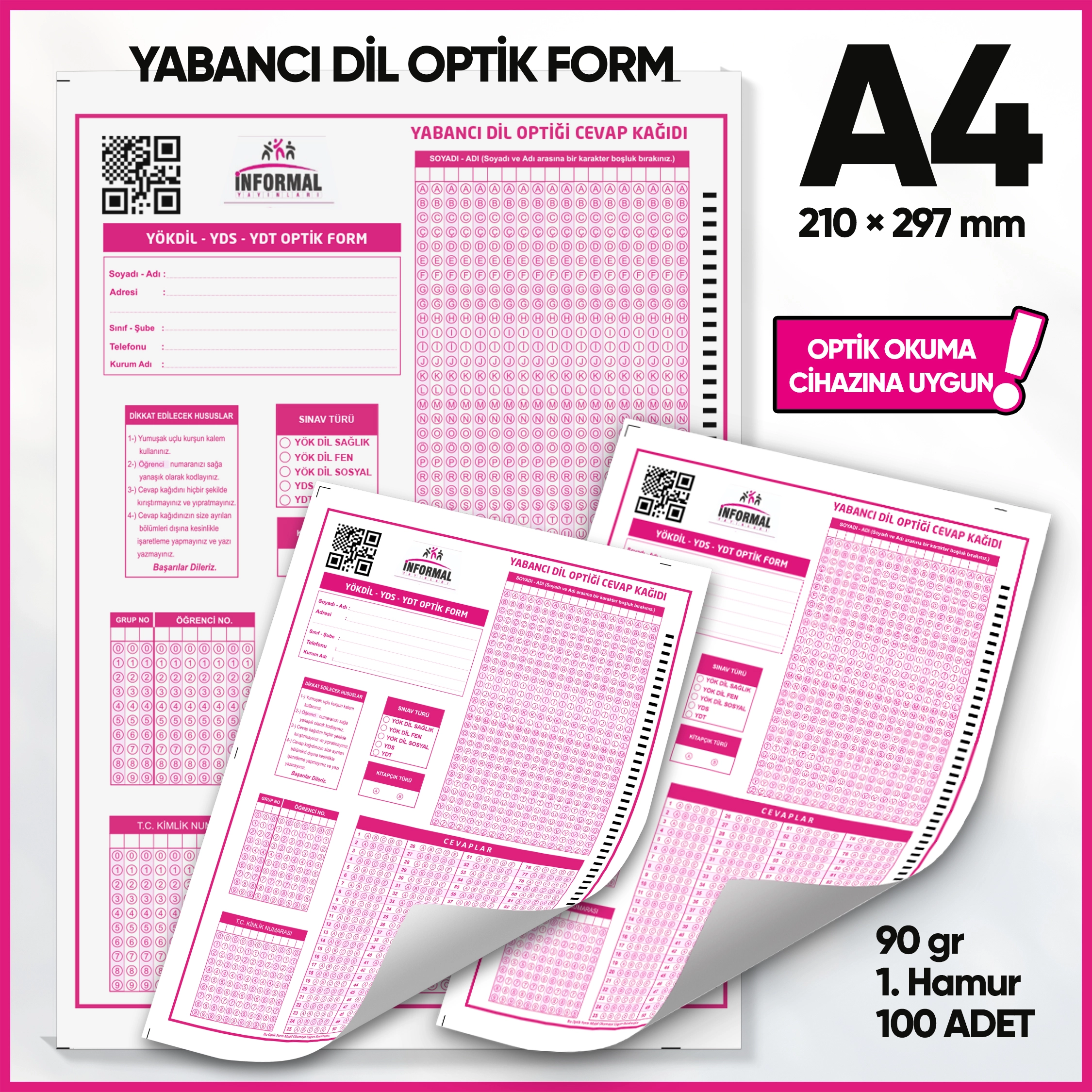 Yabancı Dil (YÖKDİL, YDS ve YDT) Deneme Sınavları İçin 100 Adet (90.GR) Optik Form - Optik Okuma Uyumlu