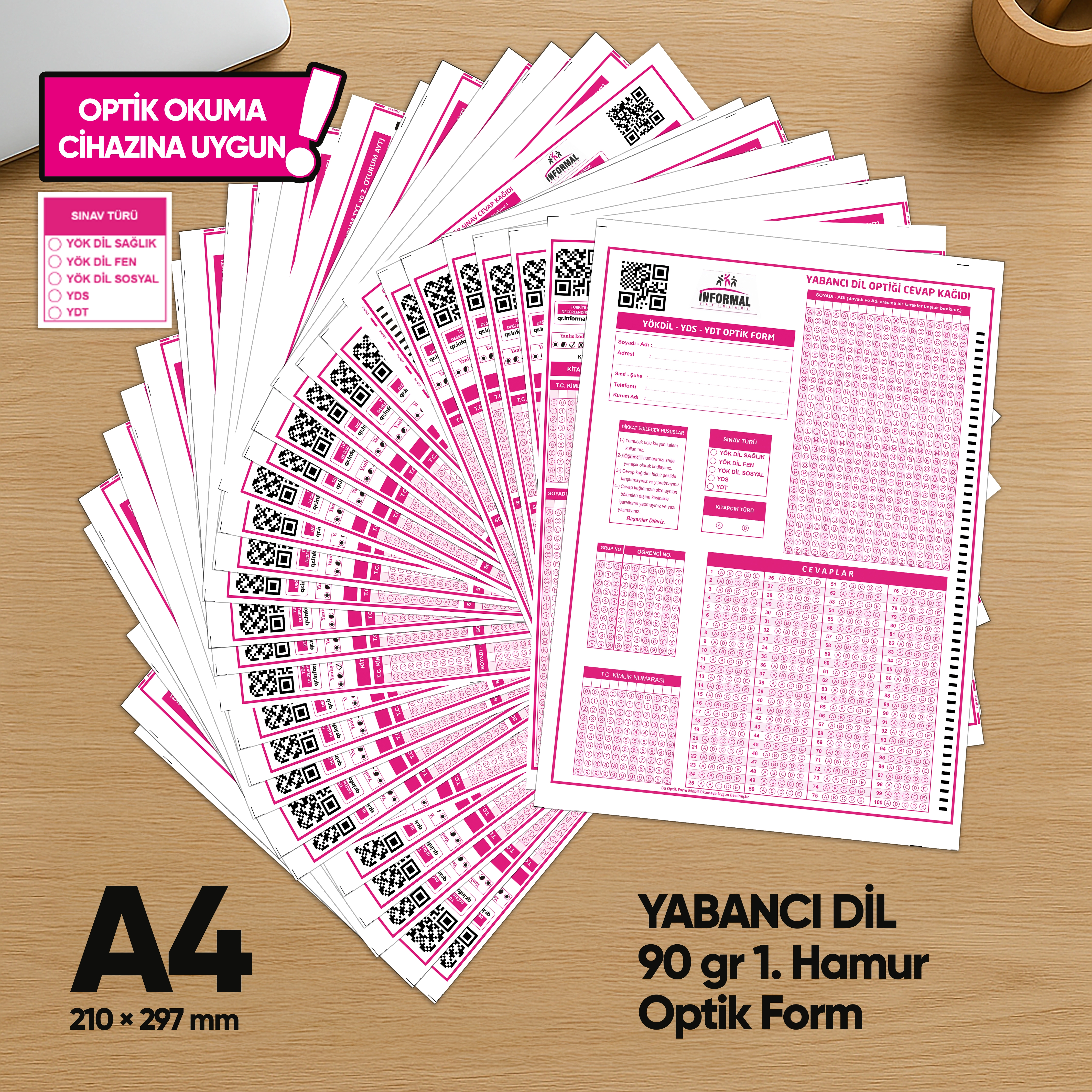 Yabancı Dil (YÖKDİL, YDS ve YDT) Deneme Sınavları İçin 100 Adet (90.GR) Optik Form - Optik Okuma Uyumlu