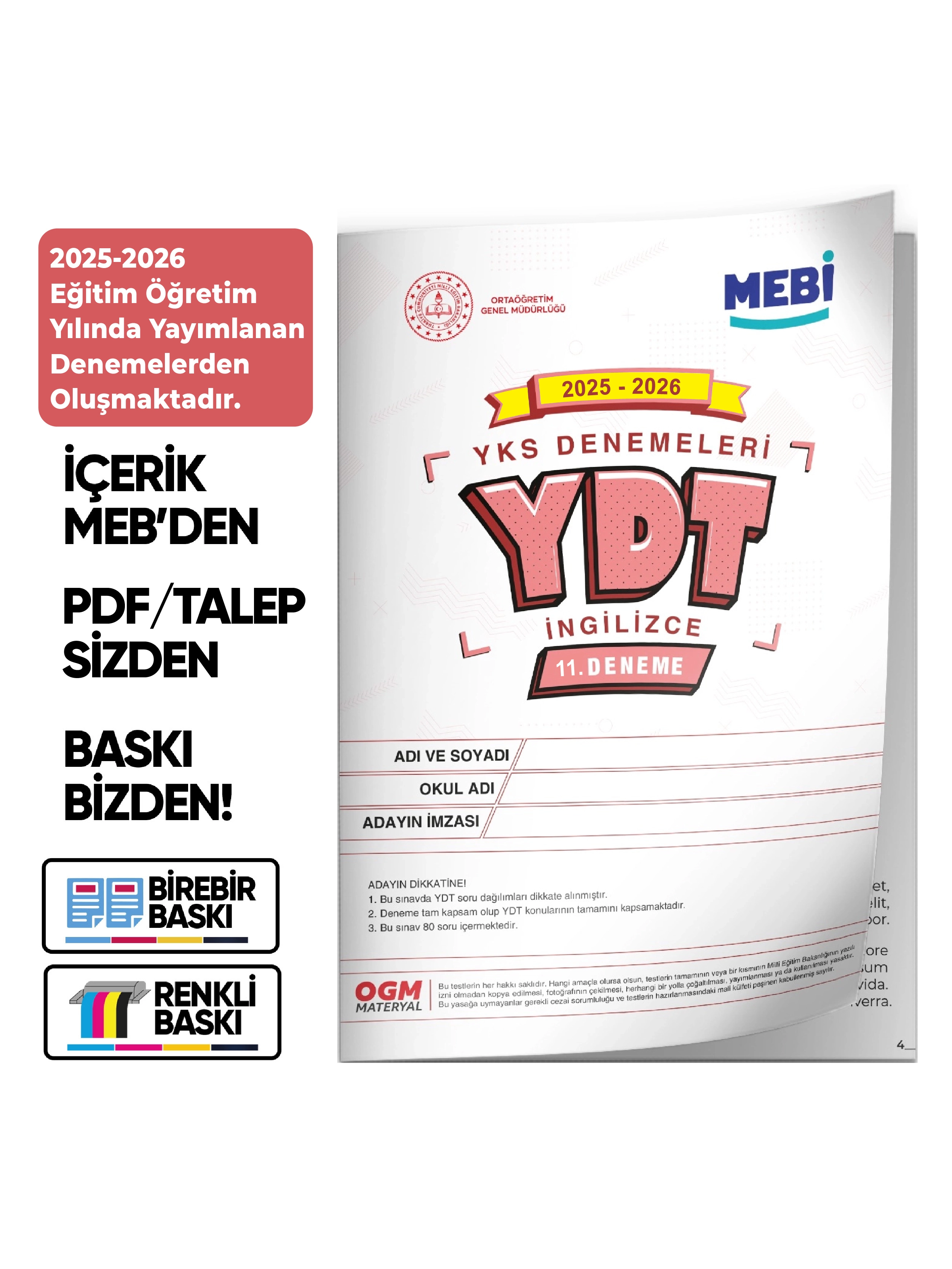 2026 YKS-YDT İNGİLİZCE MEBİ ONLİNE OGM Türkiye Geneli 11. Deneme Büyük Boy Renkli BASKI ÜCRETİ