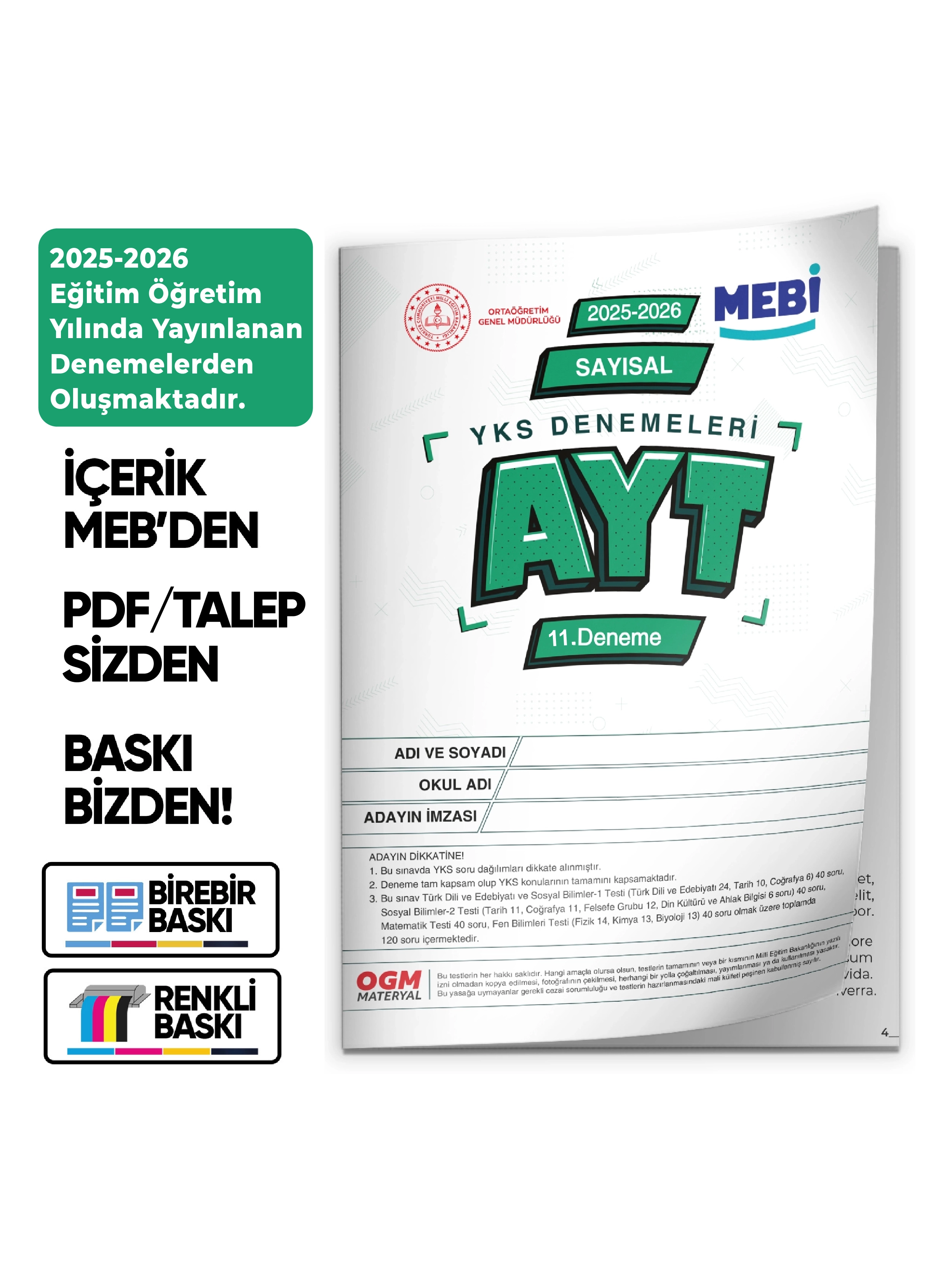 2026 YKS-AYT MEBİ OGM SAYISAL Güncel Seri Online Deneme 12li SET BASKI ÜCRETİ