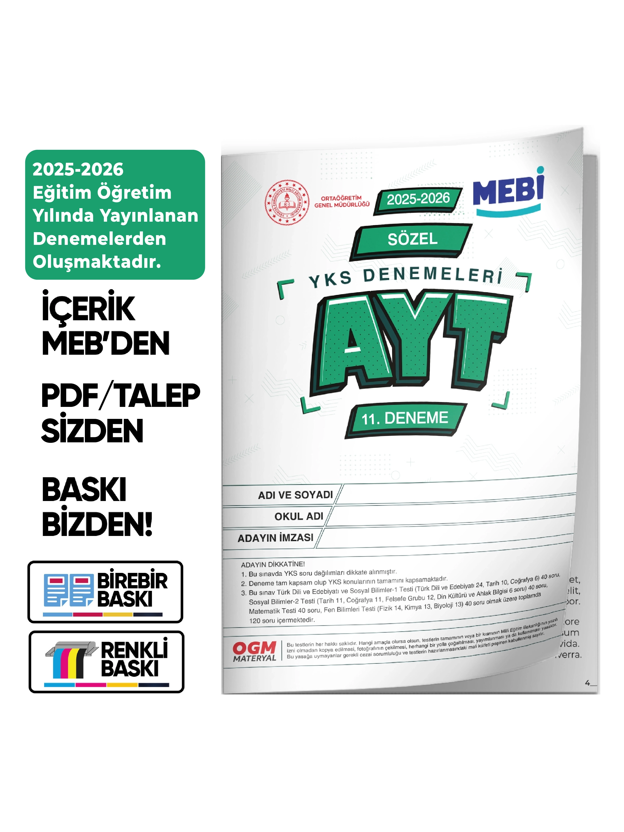 2026 YKS-AYT MEBİ OGM SÖZEL Güncel Seri Online Deneme 12li SET BASKI ÜCRETİ