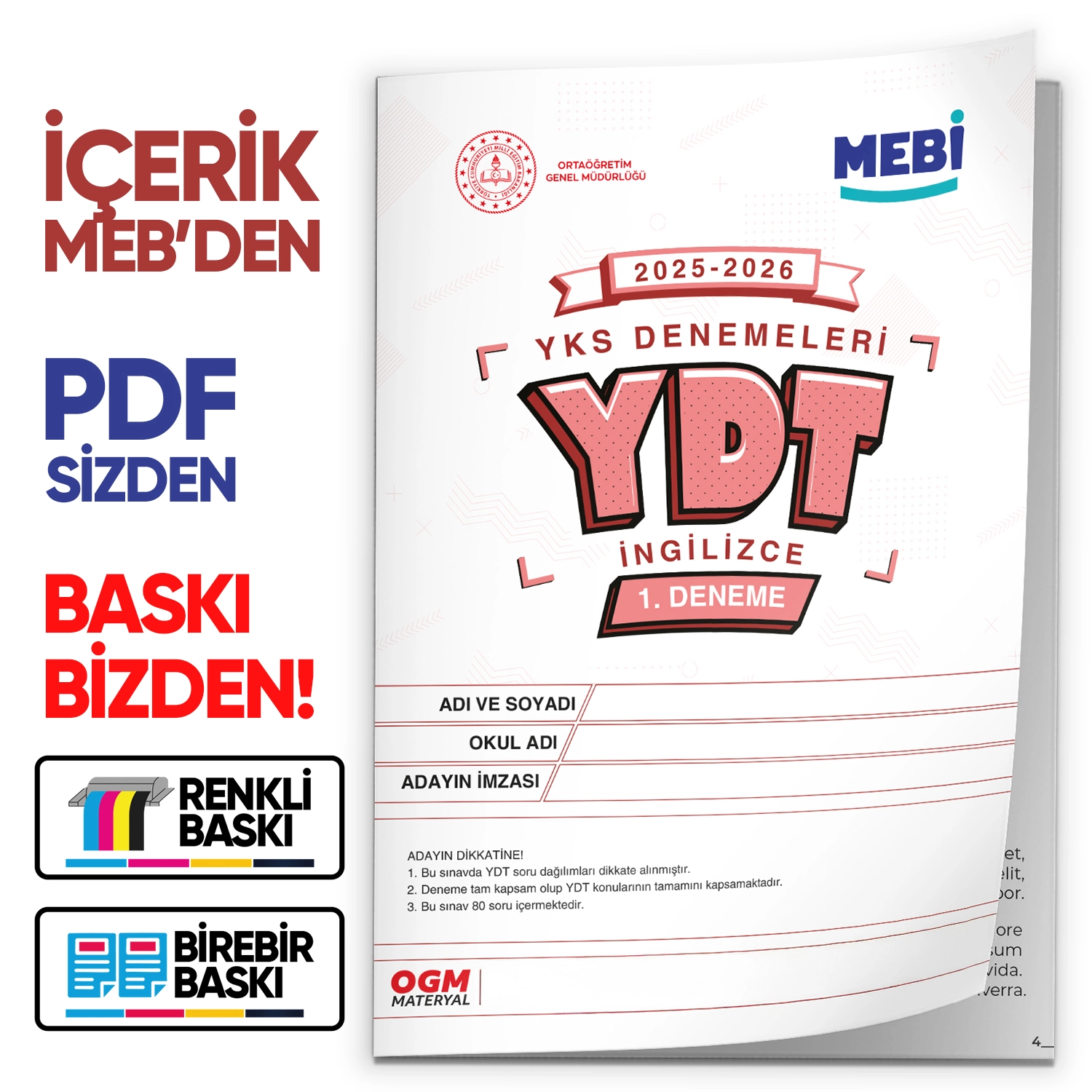 2026 YKS-YDT İNGİLİZCE MEBİ ONLİNE OGM Türkiye Geneli 1. Deneme  Büyük Boy Renkli BASKI ÜCRETİ
