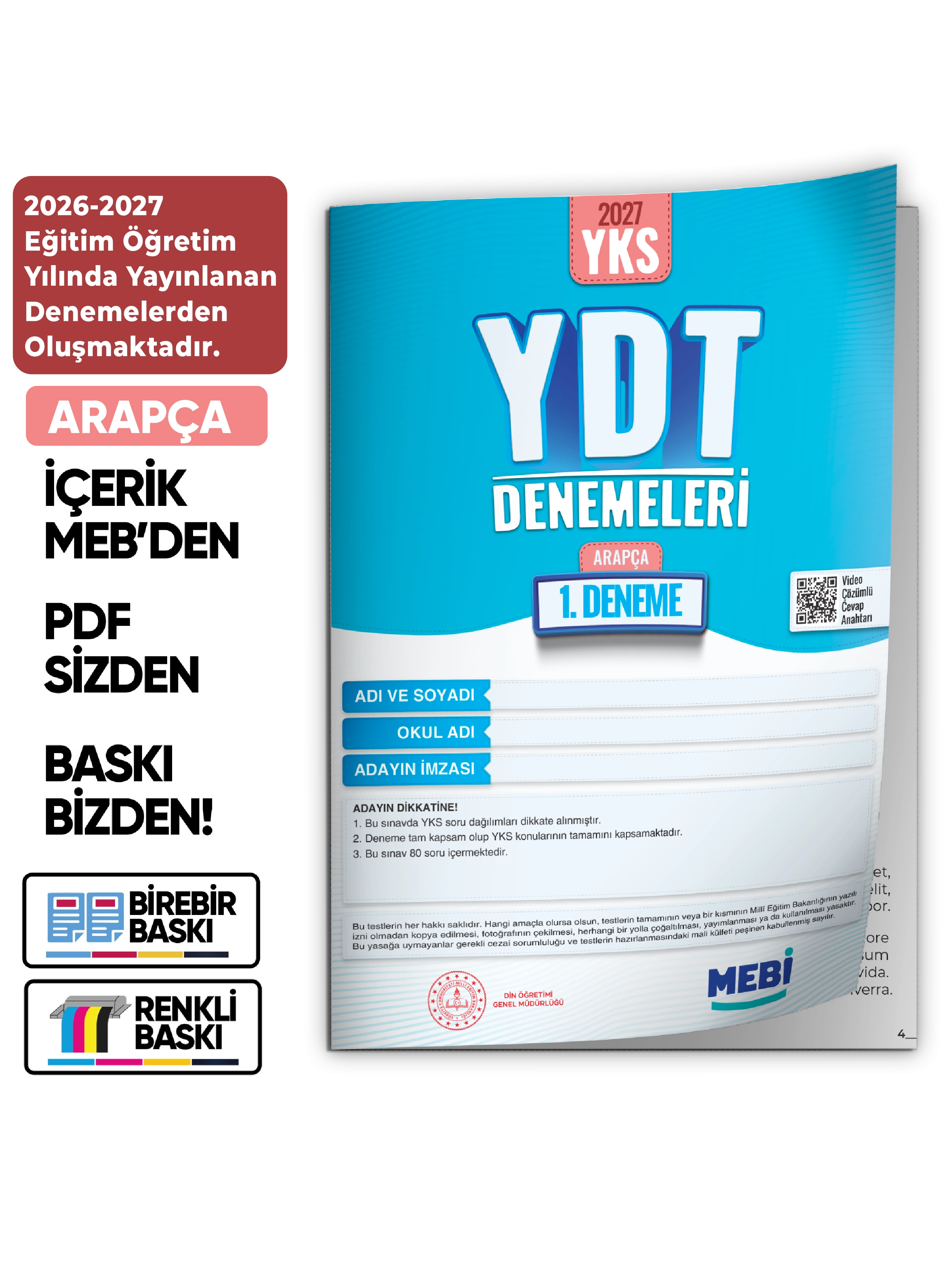2027 YDT ARAPÇA MEBi-OGM ONLİNE Türkiye Geneli 1. Deneme Büyük Boy RENKLİ BASKI ÜCRETİ