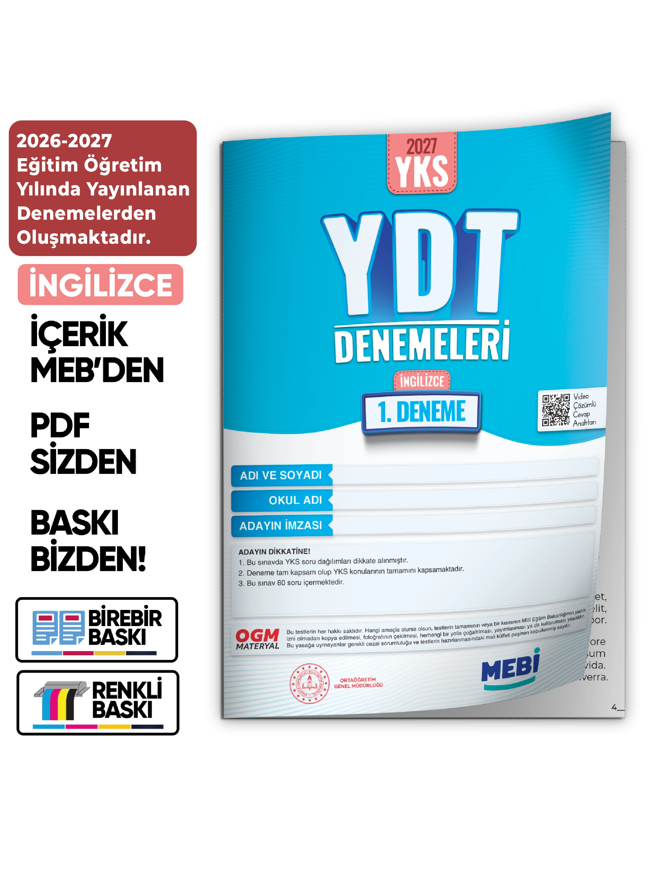 2027 YDT İNGİLİZCE MEBi-OGM ONLİNE Türkiye Geneli 1. Deneme Büyük Boy RENKLİ BASKI ÜCRETİ