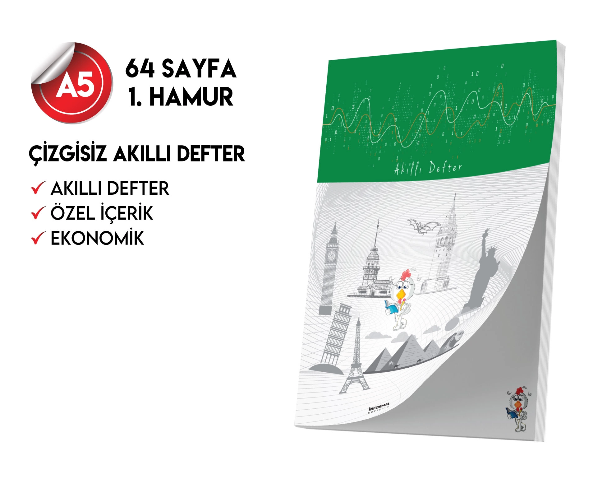 Çizgisiz Not Defteri 64 Sayfa Akıllı Defter Tekli A5 Tam Beyaz Tekli