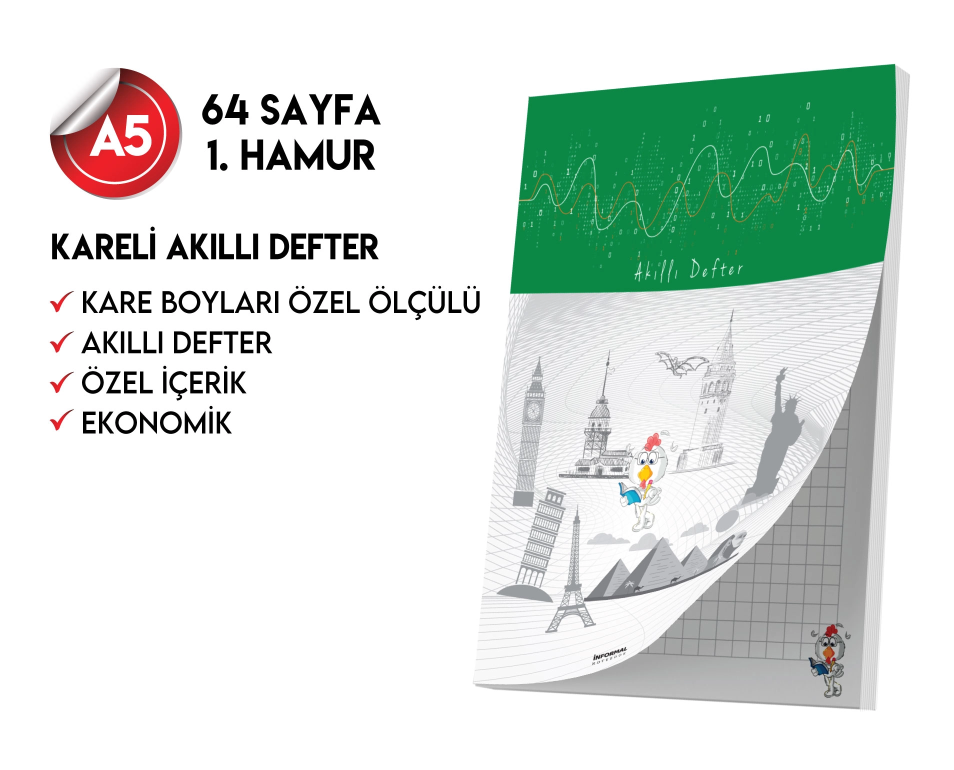 Kareli Not Defteri 64 Sayfa Akıllı Defter Tekli A5 Tam Beyaz Tekli